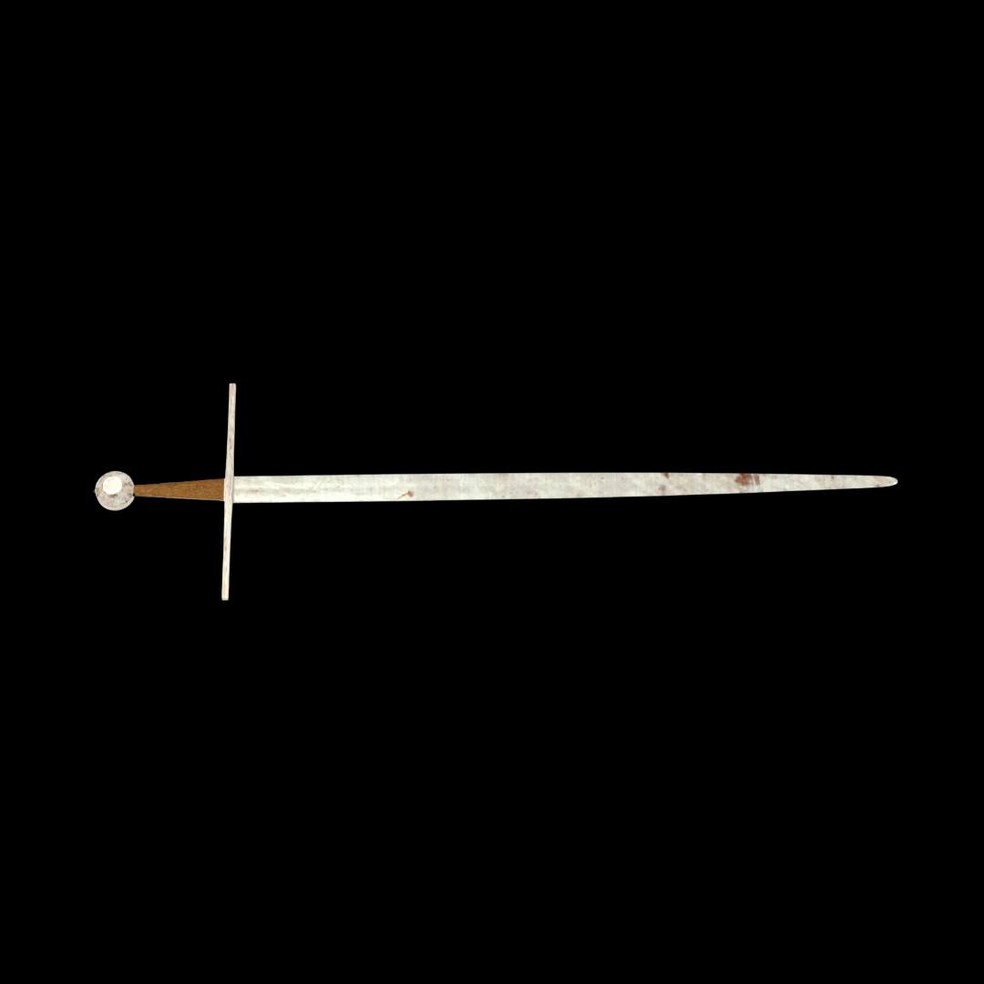 Ilustração mostra como era a espada medieval que provavelmente caiu na água durante uma batalha naval há cerca de 800 anos — Foto:  Joppe Gosker/Autoridade de Antiguidades de Israel/Facebook