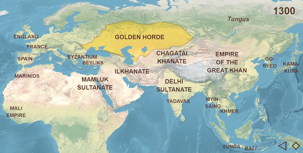 Antiga localização do canato da Horda Dourada. Um canato é o nome usado para as regiões imperiais governadas por um cã (líder tribal) de origem mongol — Foto: naturalearthdata.com/Wikimedia Commons