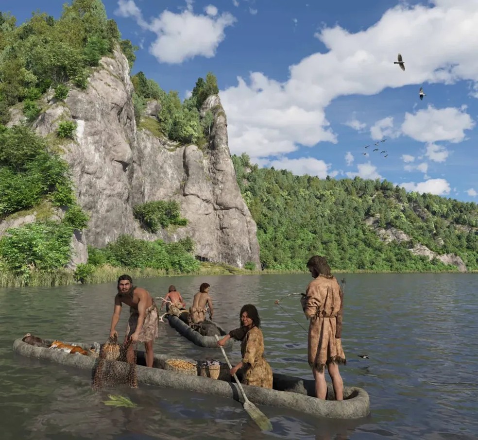 Com base em achados de conchas, pigmentos, ferramentas e vestígios de antigos acampamentos, a equipe também reconstruiu uma cena do cotidiano da mulher que viveu no Vale do Meuse. — Foto: Vakgroep Archeologie/illustratie Ulco Glimmerveen