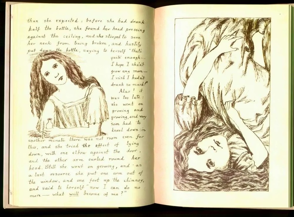 Uma das páginas do manuscrito de Alice no País das Maravilhas, que Lewis Carroll apresentou a Alice Liddell em 1864. — Foto: Biblioteca Britânica
