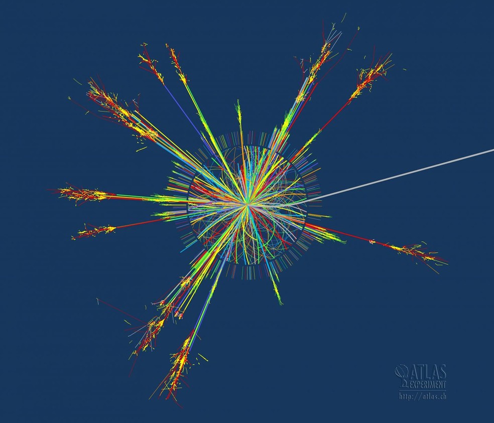 Simulação de um micro buraco negro detectado pelo experimento ATLAS do CERN, antes de se desintegrar por um processo conhecido como radiação Hawking — Foto: CERN