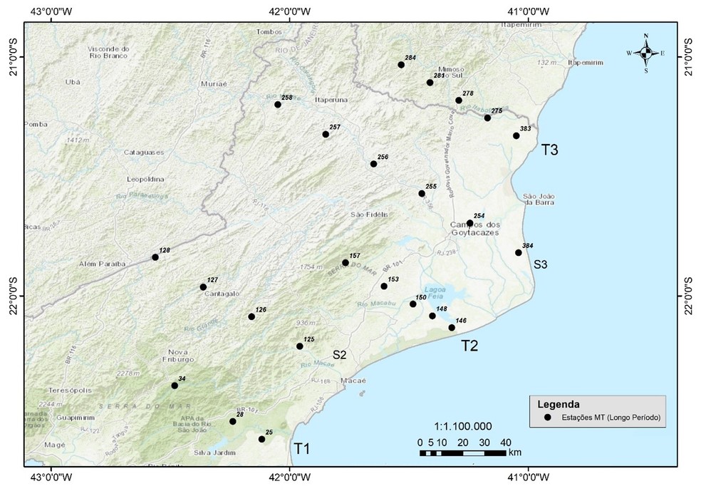 Localização das estações magnetotelúricas (MT) espalhadas pelo norte do Rio de Janeiro e Sul do Espírito Santo — Foto: Produção Geol. José Antônio Pereira