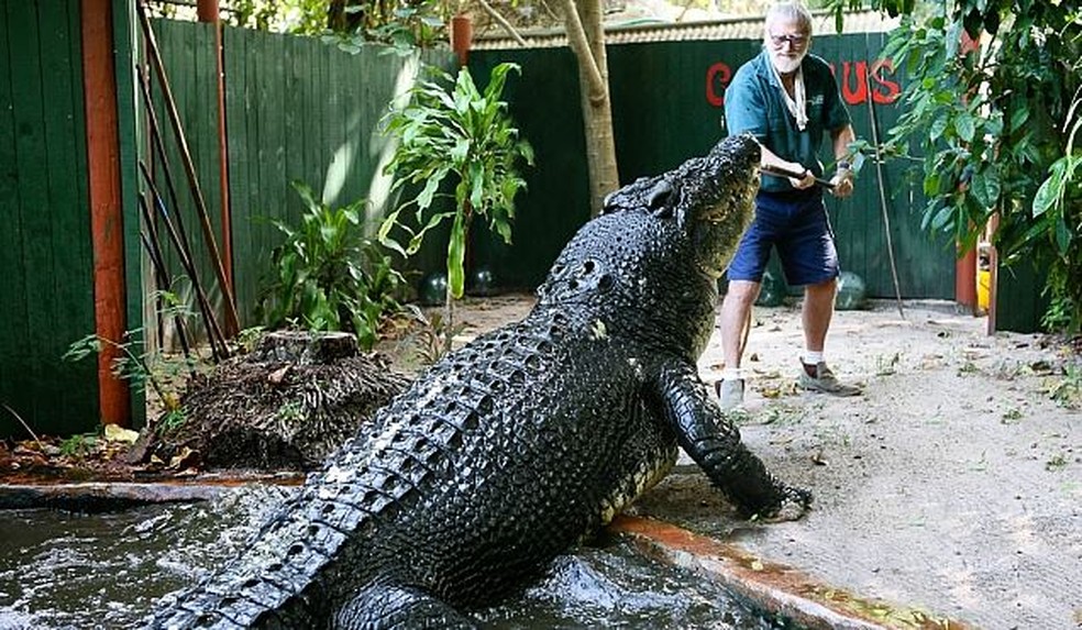 Cassius com  George Craig, caçador de crocodilos e fundador da Marineland — Foto: Reprodução/Marineland Melanesia
