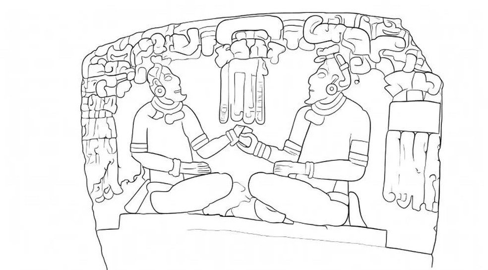 Desenho da gravura da estela pode estar representando duas figuras humanas que ingerem o "líquido divino" — Foto: Lino Espinoza Garcia/INAH