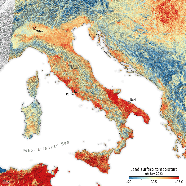 Temperatura da superfície terrestre na Itália dos dias 9 e 10 — Foto: Copernicus Sentinel data (2023), processed by ESA, CC BY-SA 3.0 IGO
