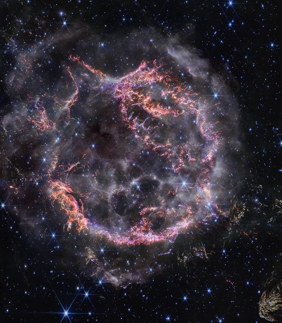 Remanescente de supernova Cassiopeia A (Cas A) e camada de material em expansão colidindo com o gás derramado pela estrela antes de explodir — Foto: NASA, ESA, CSA, STScI, D. Milisavljevic (Purdue University), T. Temim (Princeton University), I. De Looze (University of Gent)