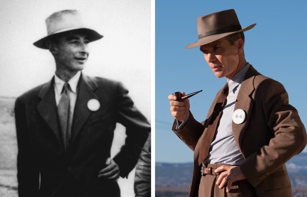 Robert J. Oppenheimer e o ator Cillian Murphy no filme Oppenheimer (2023) — Foto: Digital Photo Archive, Department of Energy (DOE), AIP Emilio Segrè Visual Archives; divulgação