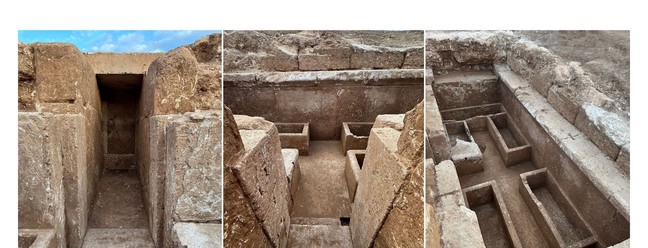 A estrutura recém-escavada na Grécia apresenta formato de "T" — Foto: Divulgação/Ministério da Cultura da Grécia