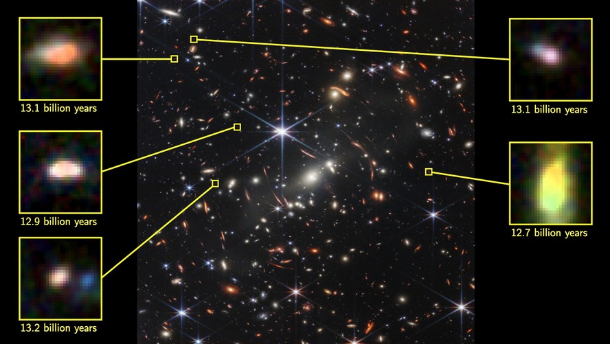 As cinco galáxias destacadas têm aproximadamente 19 mil anos-luz de diâmetro vistas há cerca de 13 bilhões de anos.