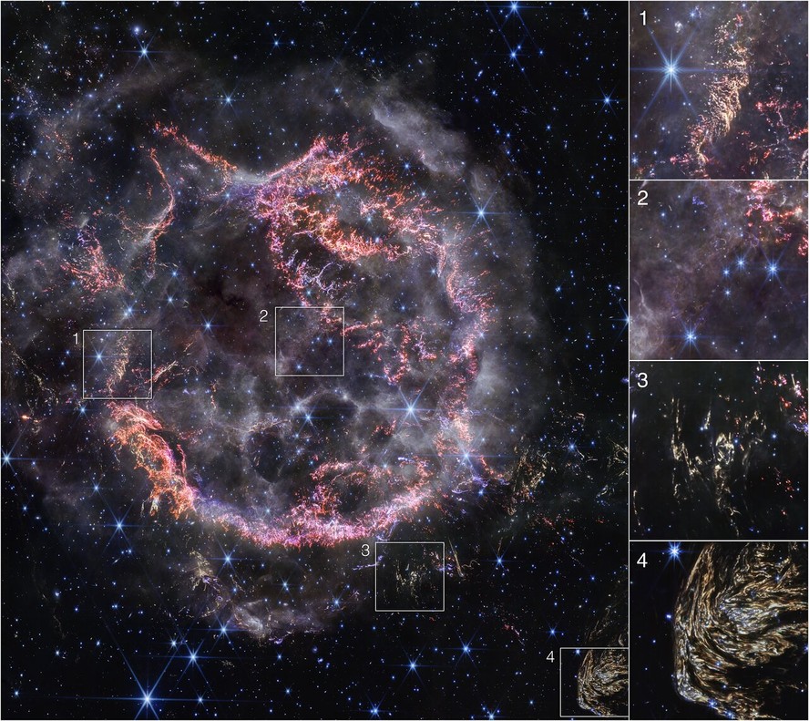 Imagem destaca várias características interessantes do remanescente de supernova Cassiopeia A (Cas A), conforme visto com a NIRCam (Near-Infrared Camera) de Webb