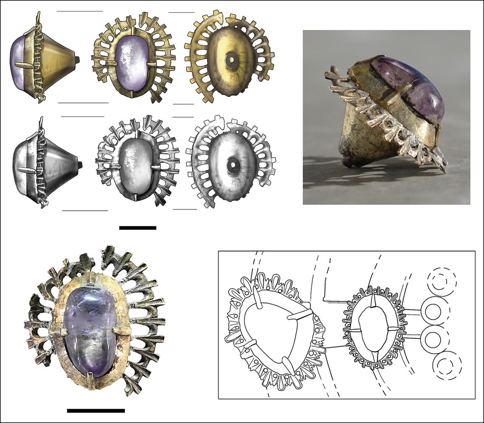 A joia de ametista em comparação ao broche de Środa Śląska — Foto: N. Lenkow & L. Marek/Antiquity