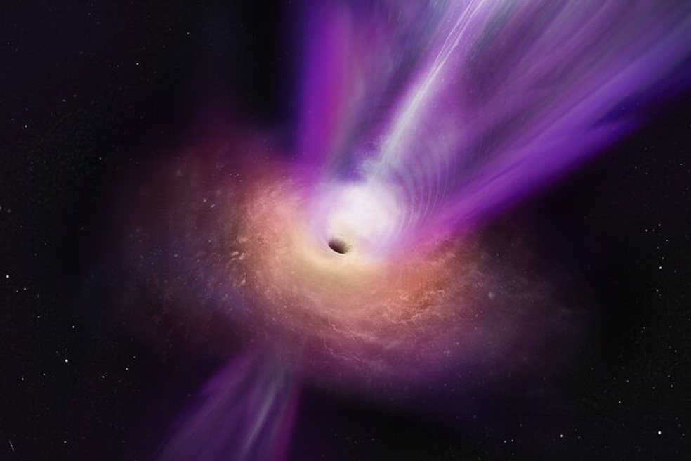 Nesta imagem artística, o jato maciço do buraco negro é visto subindo do centro deste fenômeno  — Foto: S. Dagnello (NRAO/AUI/NSF)