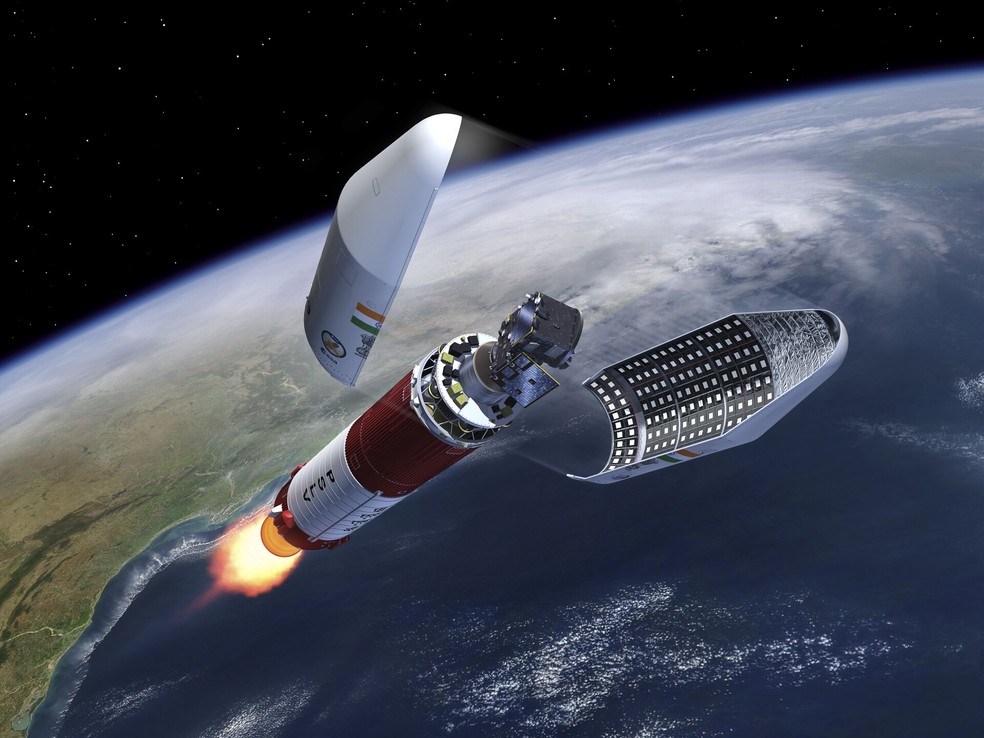 Visão artística do Proba-3 em um veículo de lançamento ISRO PSLV-XL — Foto: ESA - P. Carril