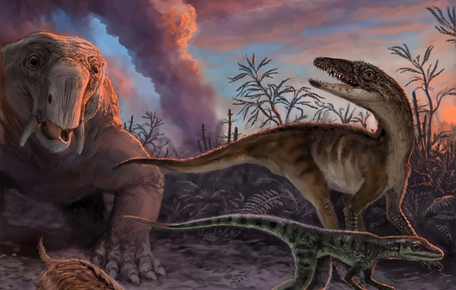 Imagens de espécies ancestrais de dinossauros, que viveram antes da grande extinção