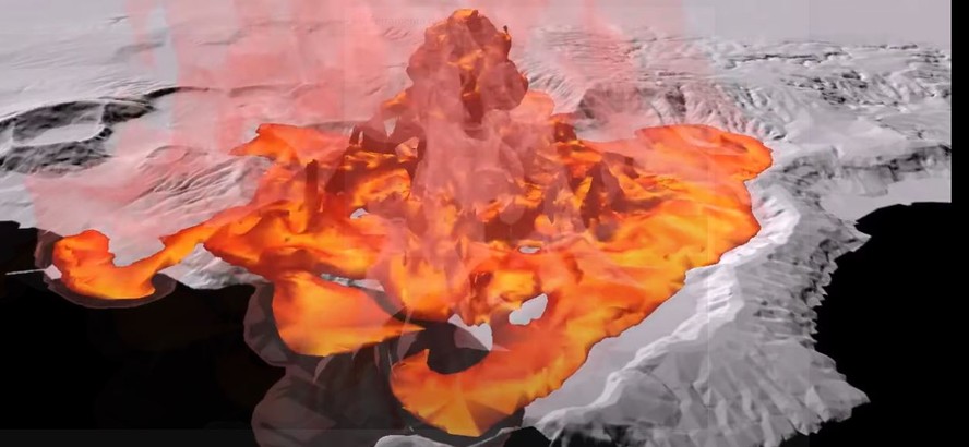 Simulação da erupção do vulcão dos Campos Flégreos, no sul da Itália