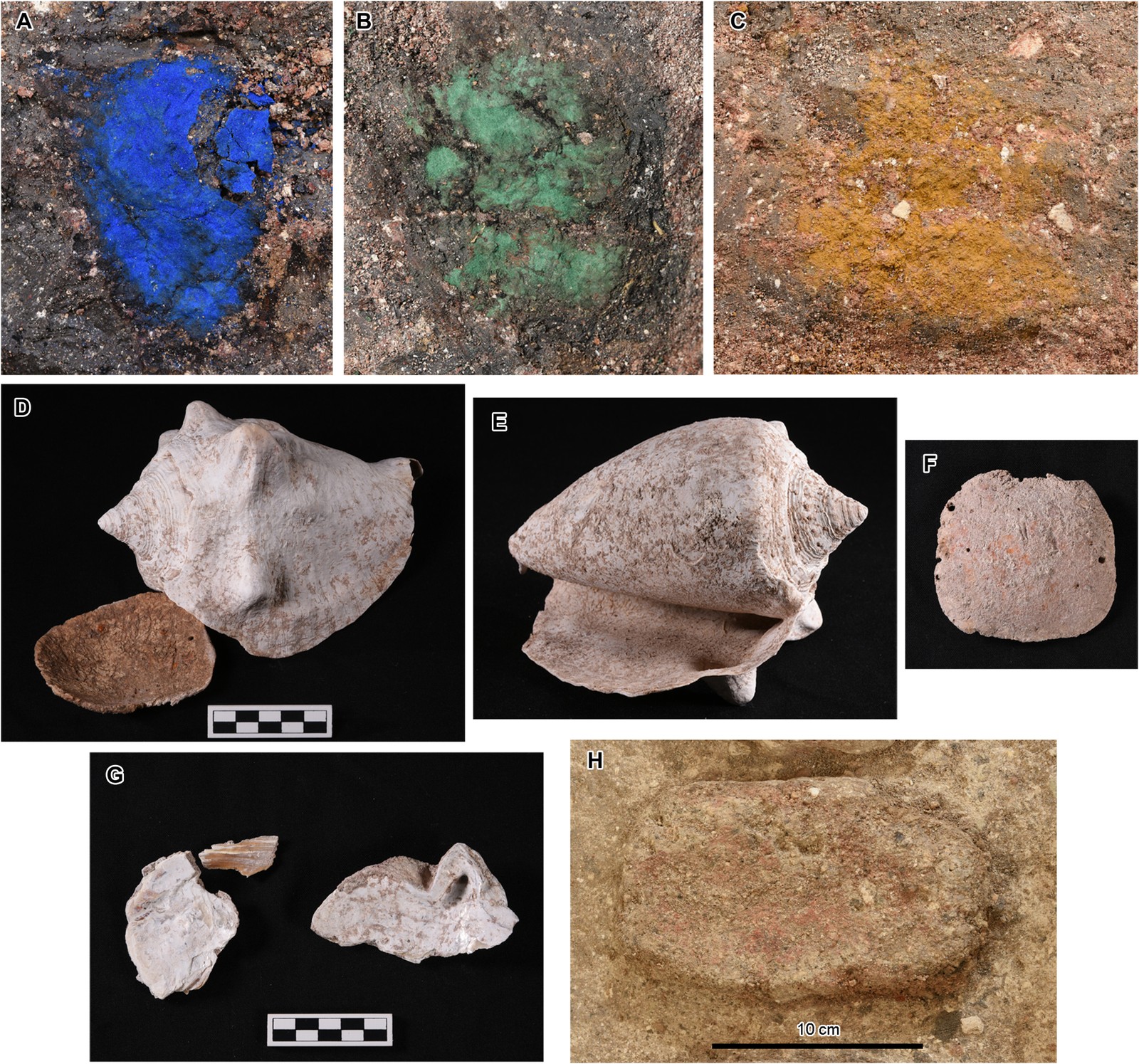 Depósito NR10/11 com pigmentos e fósseis encontrados na cova cruciforme. — Foto: Inomata et al.