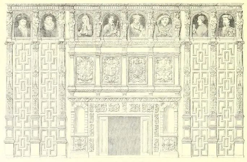 Um desenho do conjunto Sheldon, incluindo o retrato de Henrique VIII (terceiro da direita), em Weston House — Foto: Wikimedia Commons