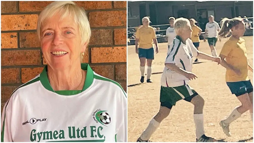 A esquerda, Carol vestindo a blusa do time Gymea, e a direita Carol jogando pelo Gymea United FC em julho de 2023