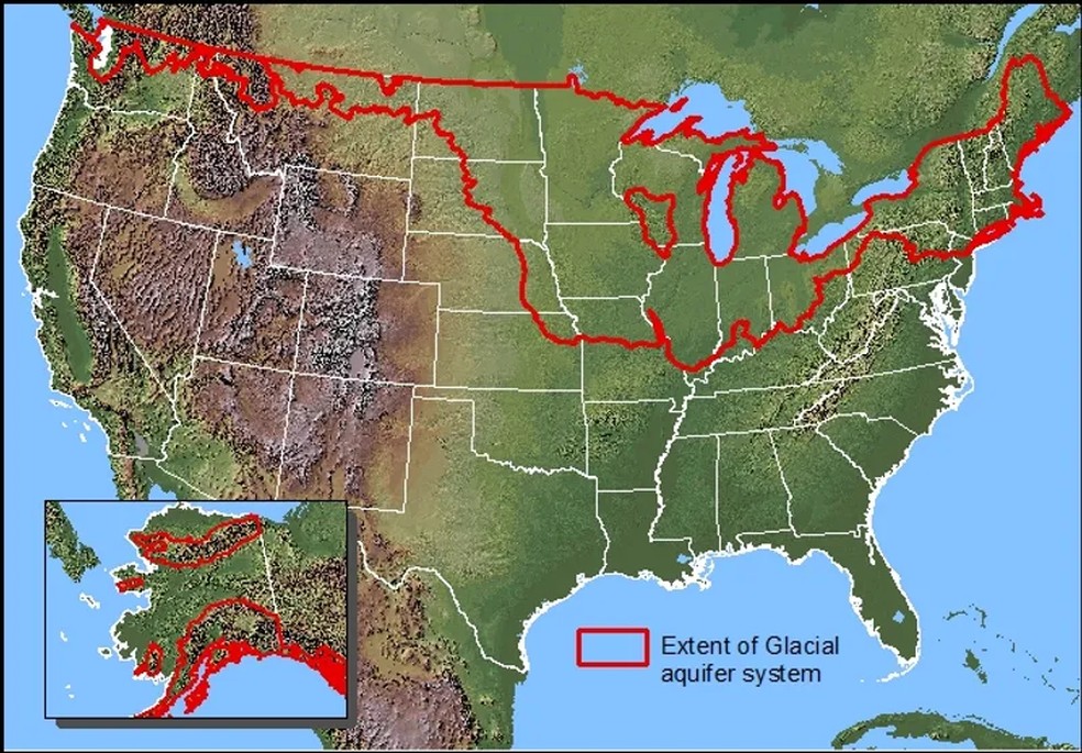 Mapa dos aquíferos glaciais localizados no território dos Estados Unidos — Foto: USGS