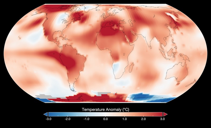 Mapa mostra anomalias de temperatura global para julho de 2023, com base na análise GISTEMP da Nasa. Dados refletem como o mês se compara à temperatura média de julho de 1951-1980