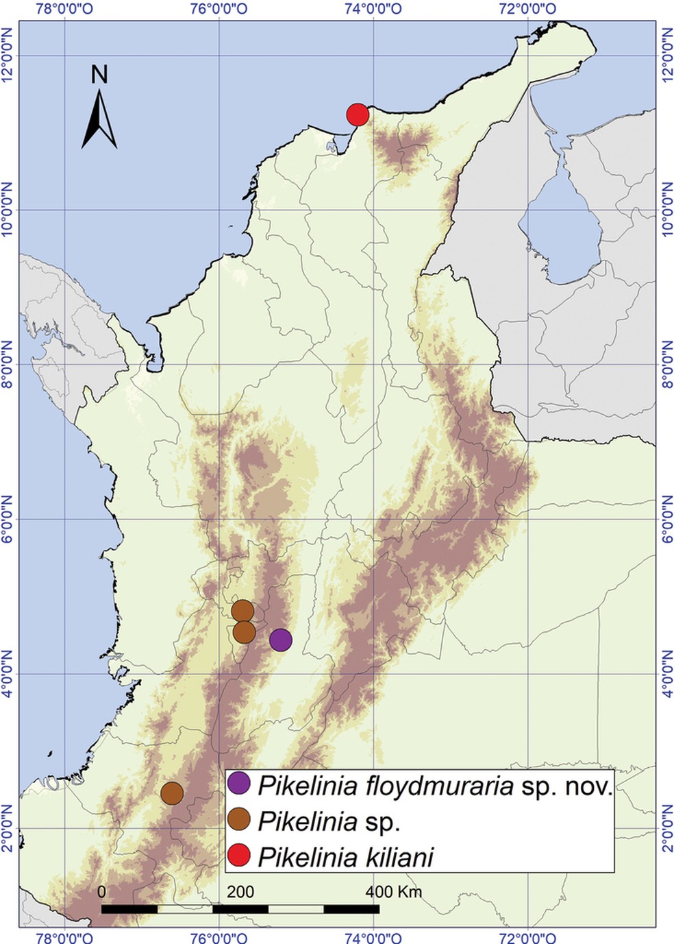 Mapa da distribuição das espécies de Pikelinia na Colômbia — Foto: Zoosystems and Evolution