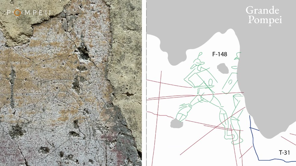 Com a tecnologia de captura de inúmeras fotografias do mesmo objeto sob diferentes ângulos de iluminação, foi possível encontrar a descrição de uma luta de gladiadores — Foto: Divulgação/E-Journal degli Scavi di Pompei