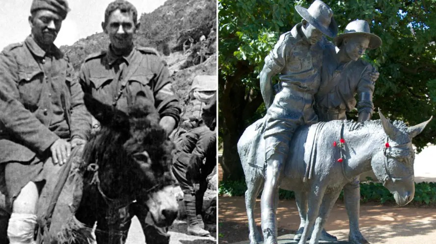 À esquerda, Murphy com o soldado Simpson em cima dele; à direita, a estátua em homenagem à dupla