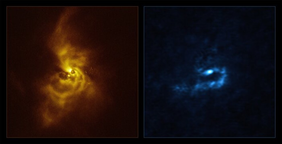 No lado esquerdo da imagem, em amarelo, encontra-se a jovem estrela V960 Mon e seu material poeirento envolvente. As descobertas motivaram os astrônomos a analisar observações de arquivo do mesmo sistema obtidas com o Atacama Large Millimeter/submillimeter Array (ALMA). Os resultados desta análise podem ser vistos no lado direito em azul — Foto: ESO/ALMA (ESO/NAOJ/NRAO)/Weber et al.