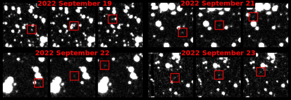 Imagens de descoberta da pesquisa ATLAS, com o asteroide 2022 SF289 visível nas caixas vermelhas — Foto: ATLAS/Instituto de Astronomia da Universidade do Havaí/NASA