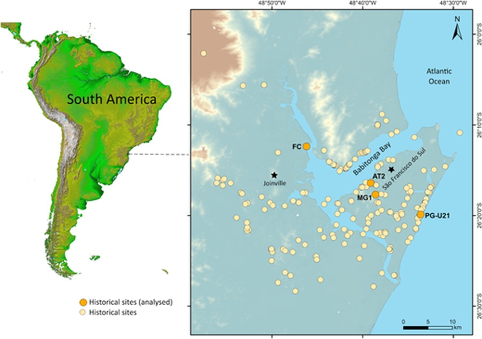 Distribuição geográfica dos sítios arqueológicos históricos da Baía da Babitonga — Foto: Universidade Autônoma de Barcelona (UAB)