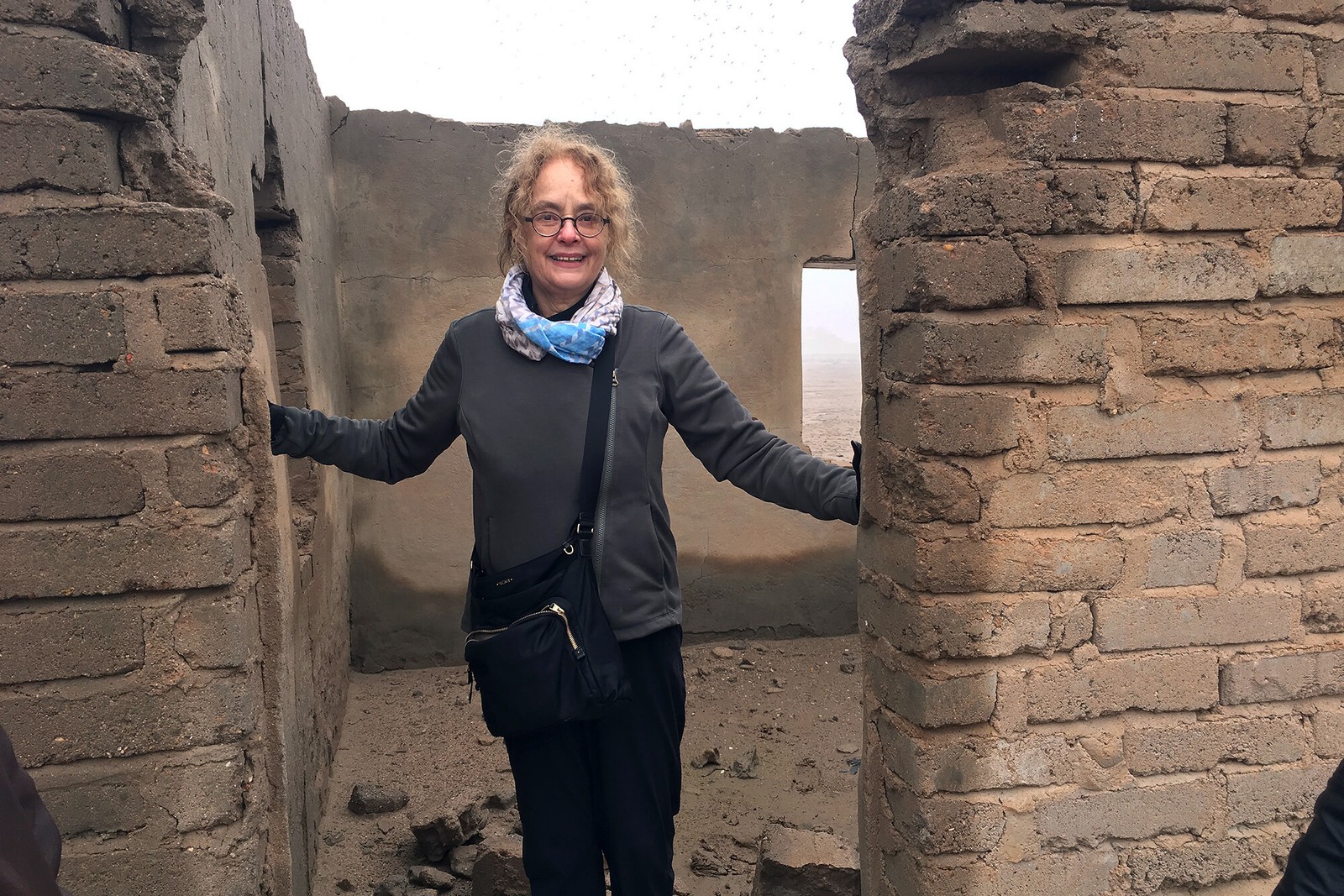Holly Pittman, diretora do Projeto Arqueológico de Lagash, na porta do quarto de uma casa de escavação desmoronada  — Foto: Lagash Archaeological Project