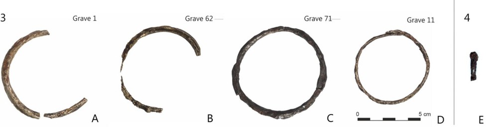 Pulseiras (ABC) e tornozeleira (D) de Częstochowa-Raków em ferro meteorítico (3). Fragmento de pino (E) de Częstochowa-Mirów (4) — Foto: Jambon et al. 2025