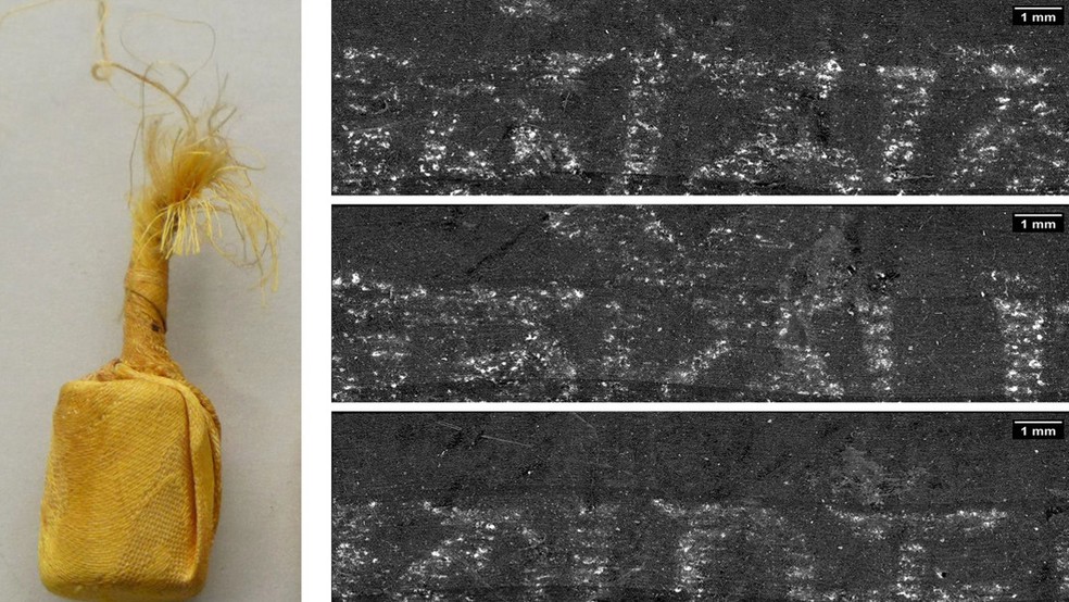 O pergaminho foi examinado e desenrolado virtualmente, o que revelou uma tira de pouco mais de 80 cm com o mantra "Om mani padme hum" — Foto: Journal of Cultural Heritage