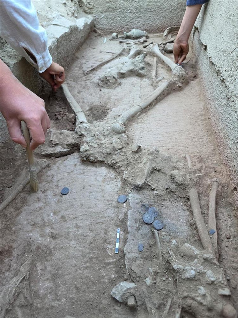 A escavação revelou o esqueleto humano e diversas moedas de prata dentro da sepultura — Foto: Ministry of Culture and Tourism of the Republic of Turkey