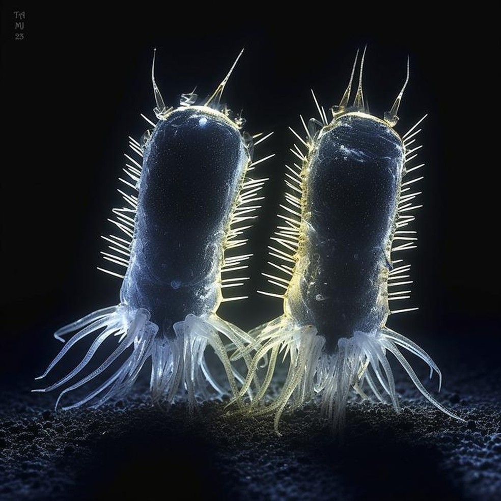 Ilustração de dois organismos eucarióticos primordiais da 'Protosterol Biota' no fundo do oceano — Foto:  Orchestrated in MidJourney by TA 2023