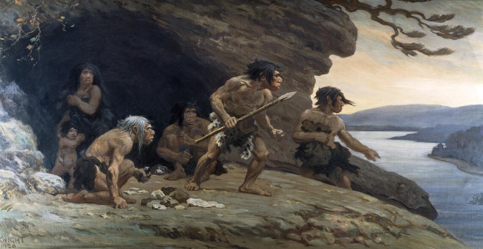 Mural de um agrupamento neandertal em uma caverna — Foto: Wikimedia Commons
