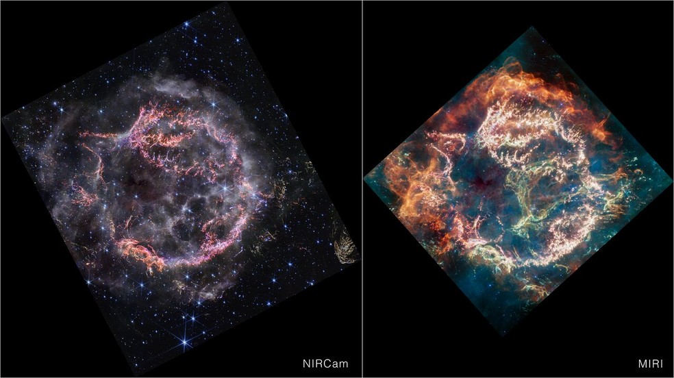 Remanescente de supernova Cassiopeia A (Cas A) conforme capturado pelo NIRCam (esquerda) e MIRI (direita) de James Webb — Foto: NASA, ESA, CSA, STScI, D. Milisavljevic (Purdue University), T. Temim (Princeton University), I. De Looze (University of Gent)