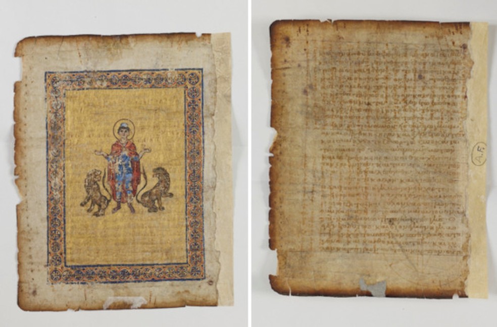 A página perdida do Palimpsesto de Arquimedes, mostrando (à esquerda) uma iluminura do profeta Daniel e (à direita) o lado do texto do fólio redescoberto, com a tênue escrita de Arquimedes visível — Foto: Museu de Belas Artes de Blois/Flickr