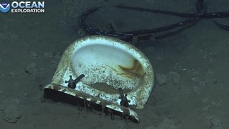 Uma pia deixada parcialmente intacta em meio a outros itens diários encontrados no fundo do oceano do naufrágio — Foto: NOAA