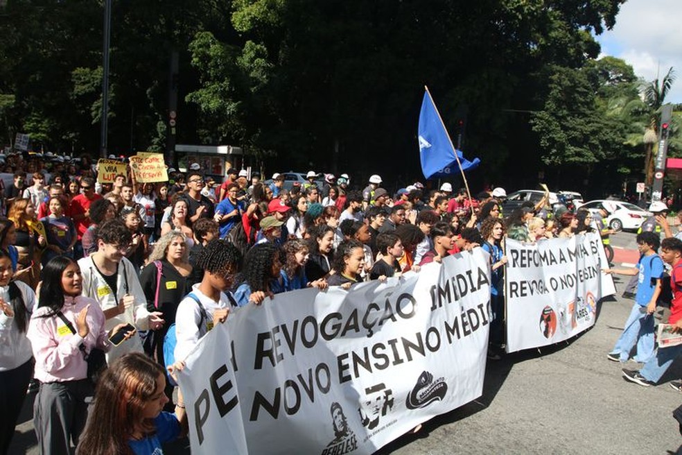 Estudantes participam do 2º Ato pela Revogação do Novo Ensino Médio na Avenida Paulista, em São Paulo — Foto: Rovena Rosa/Agência Brasil