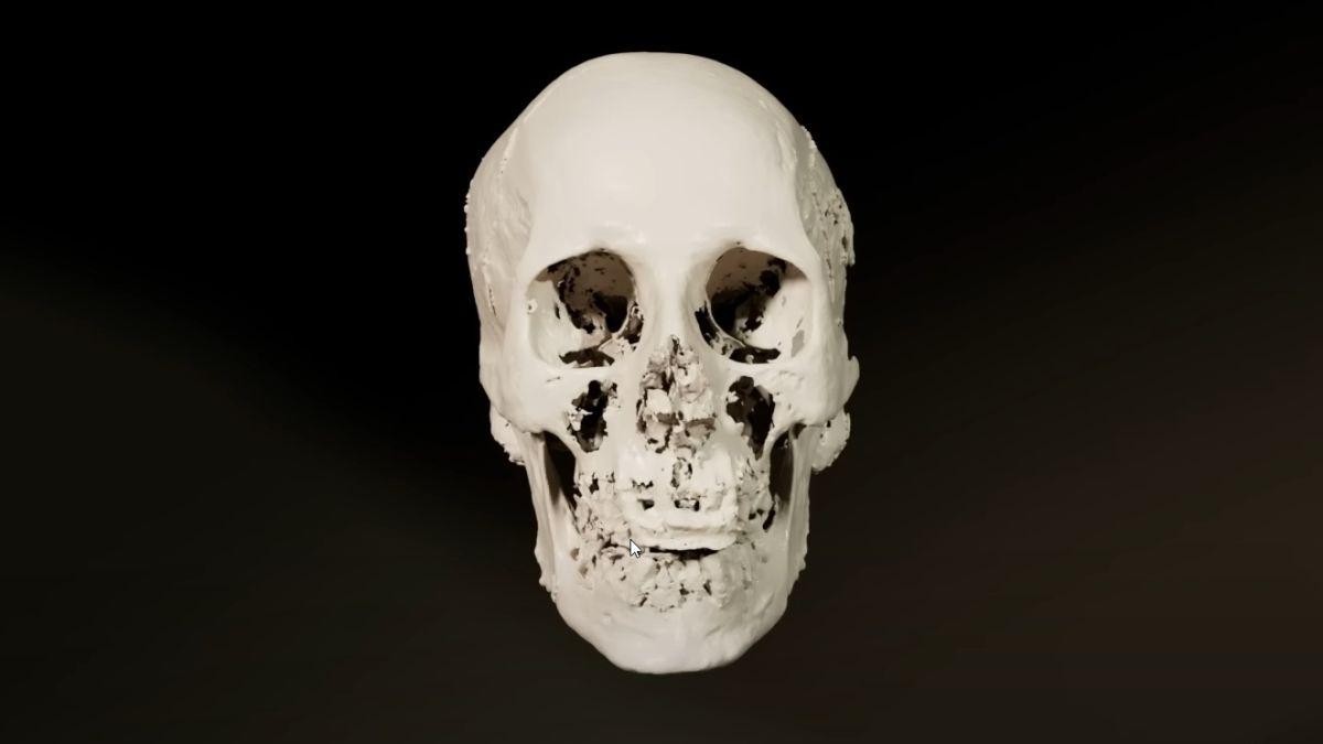 A reconstrução digital do crânio de Ramsés II foi feita a partir de tomografias — Foto: Liverpool John Moores University Face Lab