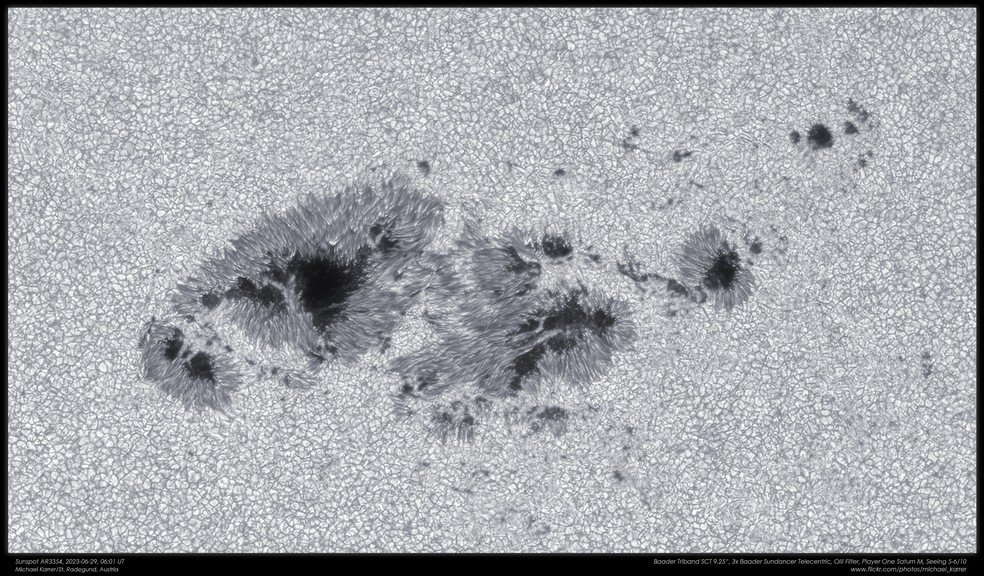 Registro da mancha solar realizado pelo astrônomo amador Michael Karrer, na Áustria — Foto: Michael Karrer 