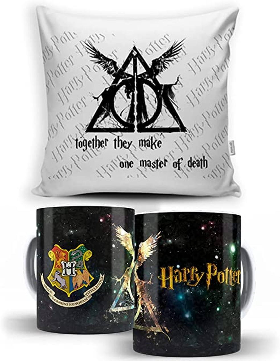 Kit almofada e caneca Harry Potter Lear traz referências à franquia "Harry Potter e as Relíquias da Morte" — Foto: Reprodução/Amazon