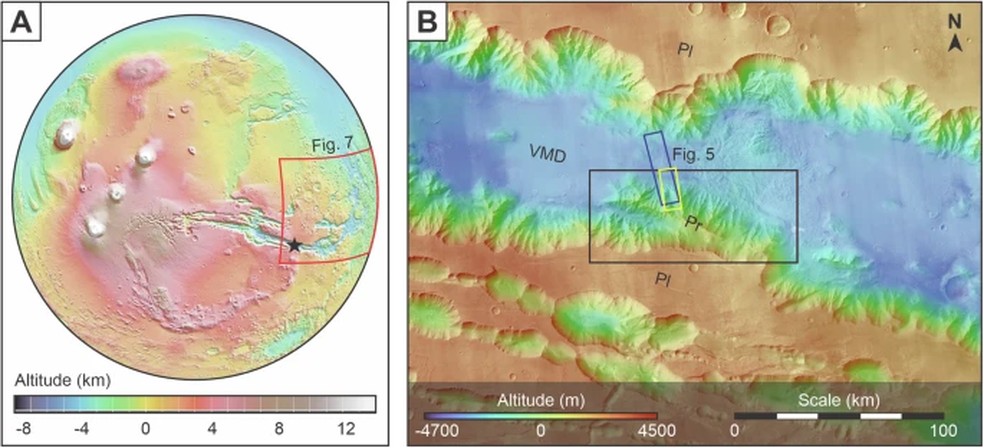 Mapa do promontório de Coprates Chasma, no sudeste — Foto: I. Argadestya et al.