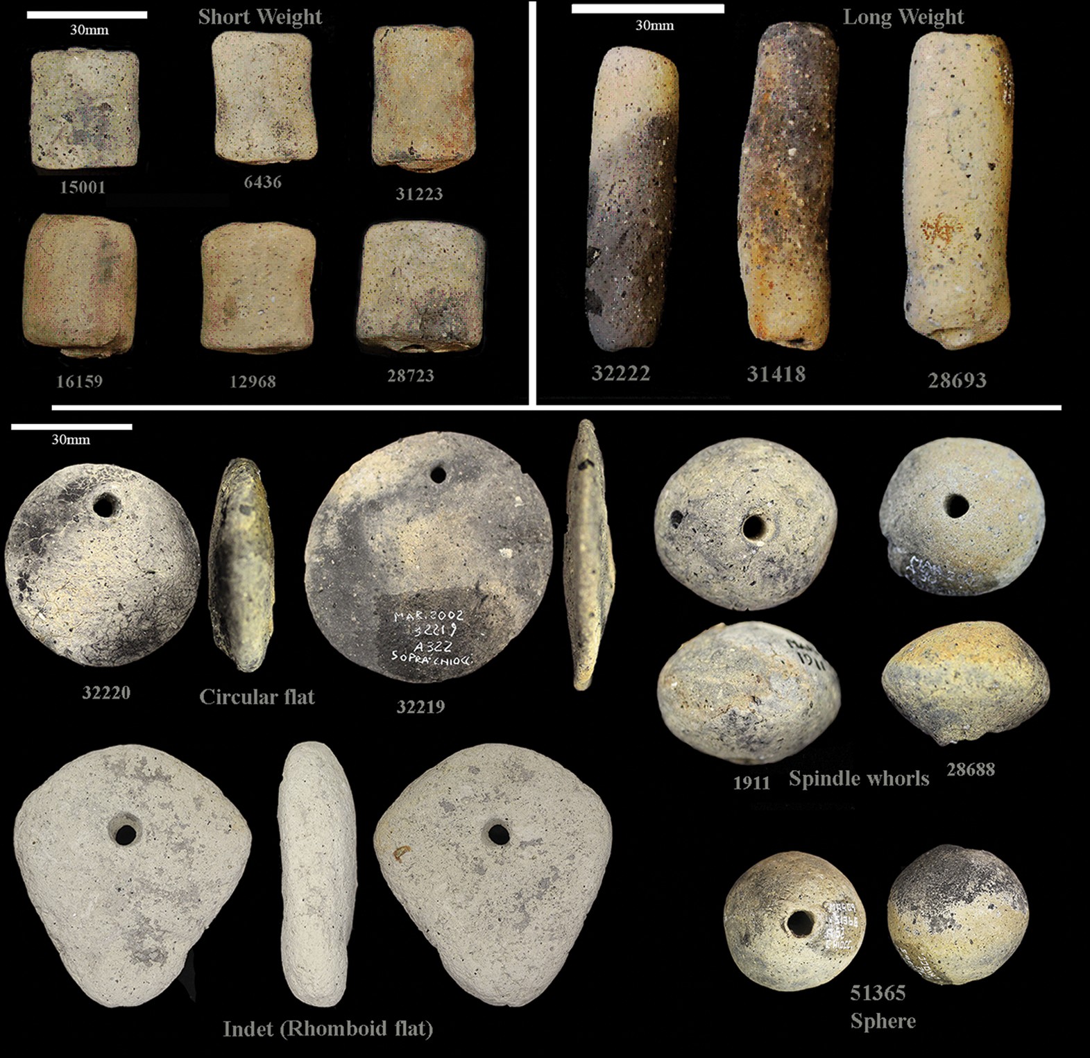 Espirais de fuso e pesos de tear encontrados no assentamento de La Marmotta  — Foto: JF Gibaja e Museo delle Civiltà-Mario Mineo 