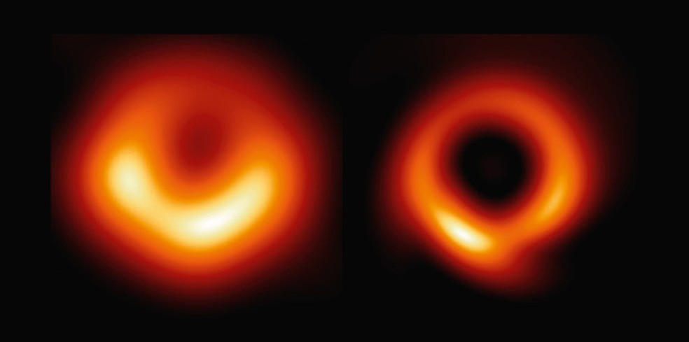 Buraco negro supermassivo M87* fotografado em 2019 (à esquerda); e nova imagem gerada pelo algoritmo PRIMO neste ano (à direita) — Foto: Medeiros et al. 2023)