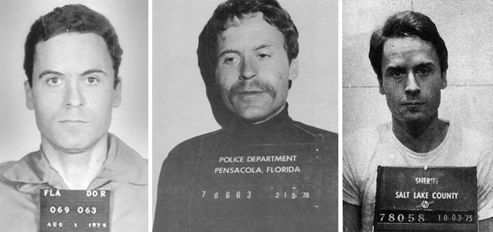 Algumas das fotos oficiais de Ted Bundy registradas pela polícia (Foto: Wikimedia Commons/Redação Galileu) — Foto: Galileu