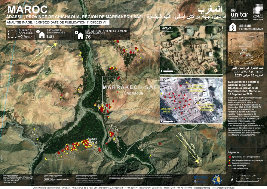 Dados dos satélites franceses Pléiades mostram danos em torno de Adassil, província de Chichaoua, no Marrocos