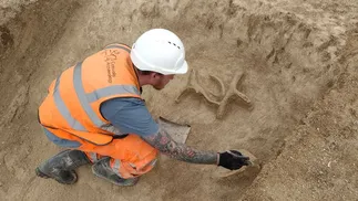 Arqueólogo Jordan Bendall, escavando em Salisbury, na Inglaterra — Foto: Cotswold Archaeology 