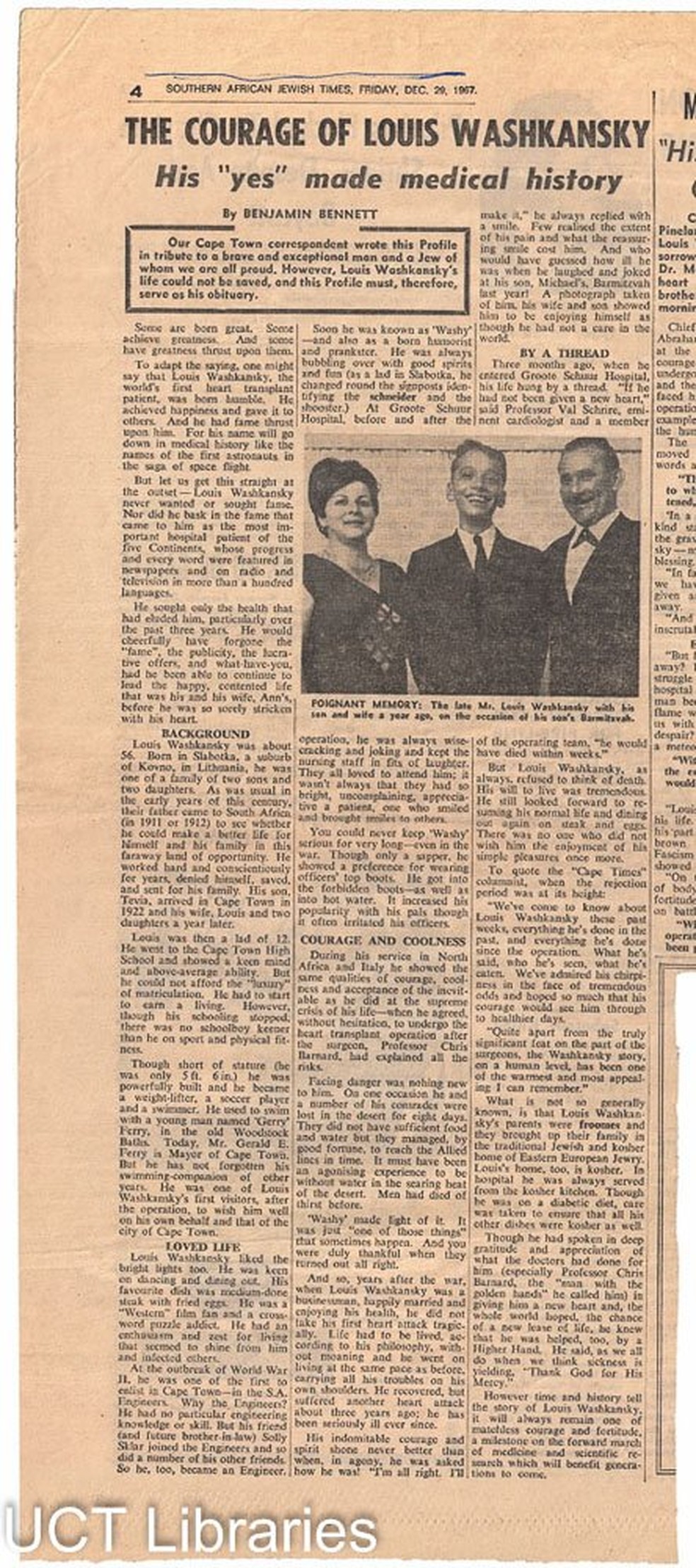Notícia de 1967 sobre o transplante de coração de Louis Washkansky — Foto: @UCTLibrary_SC/Reprodução/Twitter